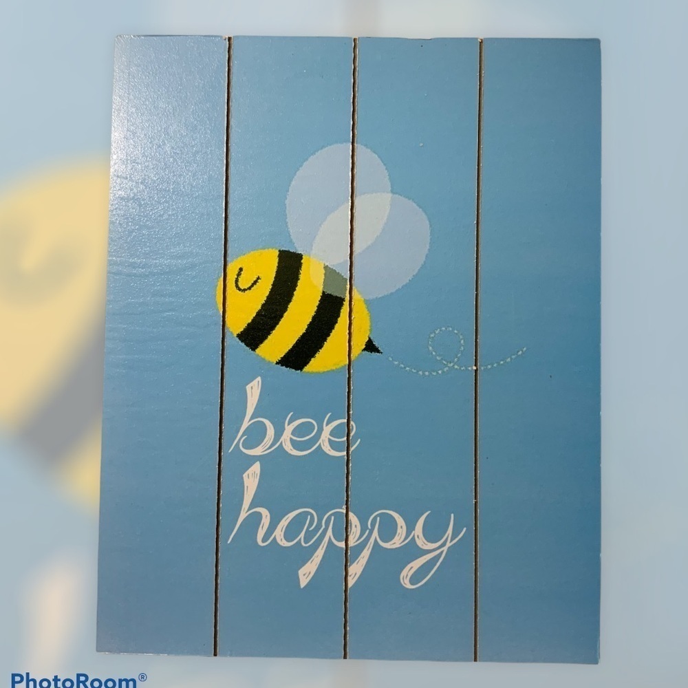Wall Plaque Hanging Picture Bee Happy Phrase Blue